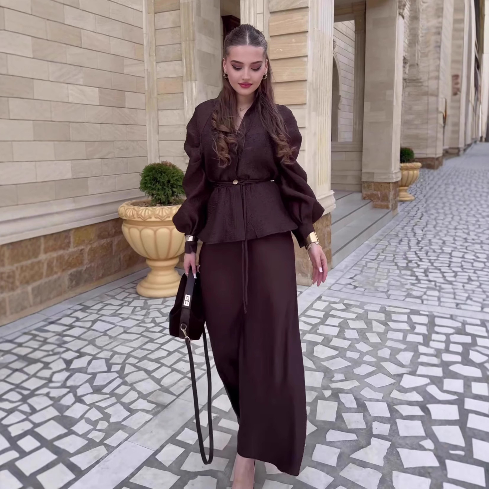 Elegant V-neck Waist-controlled Long Sleeves Cardigan Top High Waist Mid-length Dress Set - Image 3