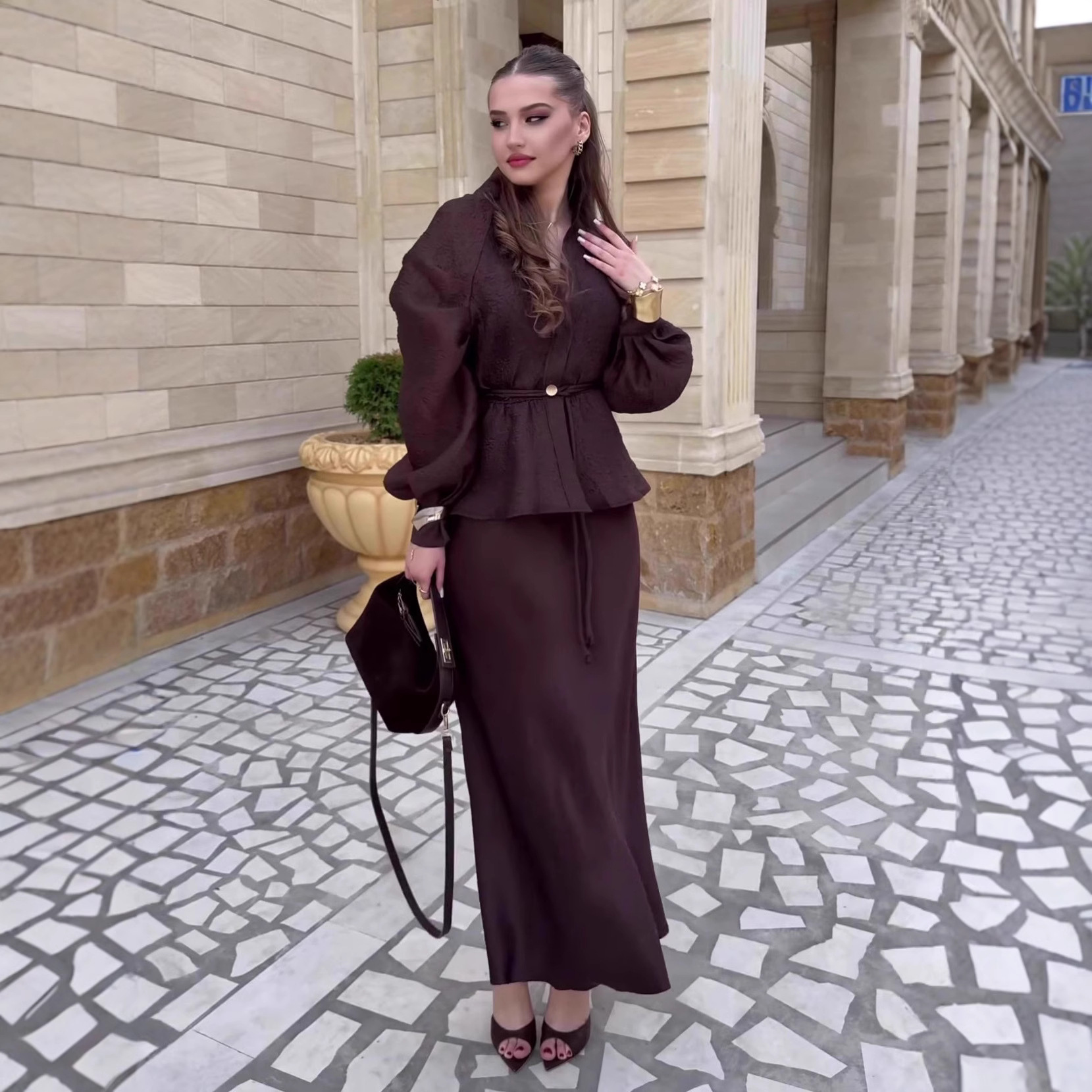 Elegant V-neck Waist-controlled Long Sleeves Cardigan Top High Waist Mid-length Dress Set - Image 4