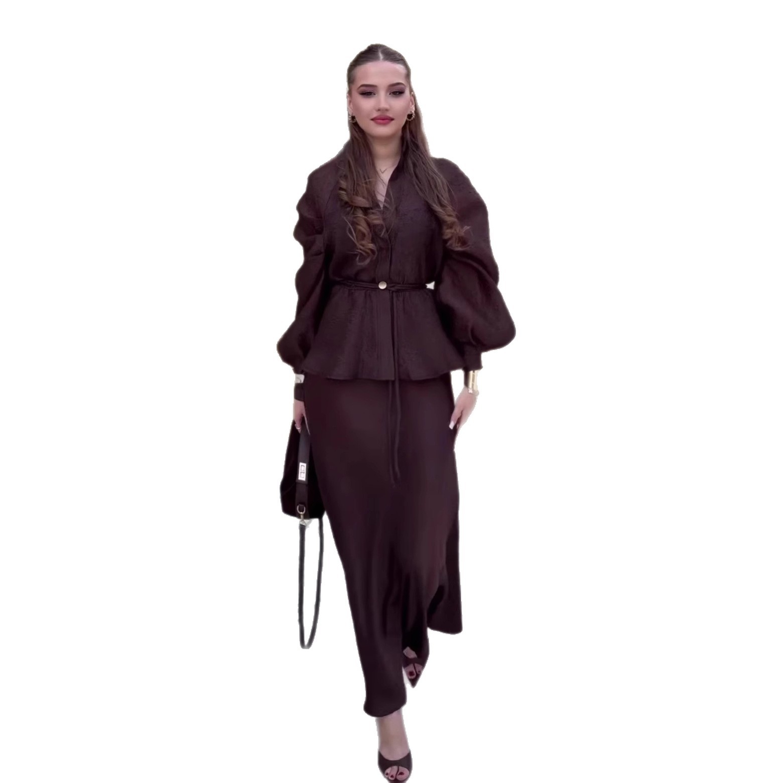 Elegant V-neck Waist-controlled Long Sleeves Cardigan Top High Waist Mid-length Dress Set - Image 5