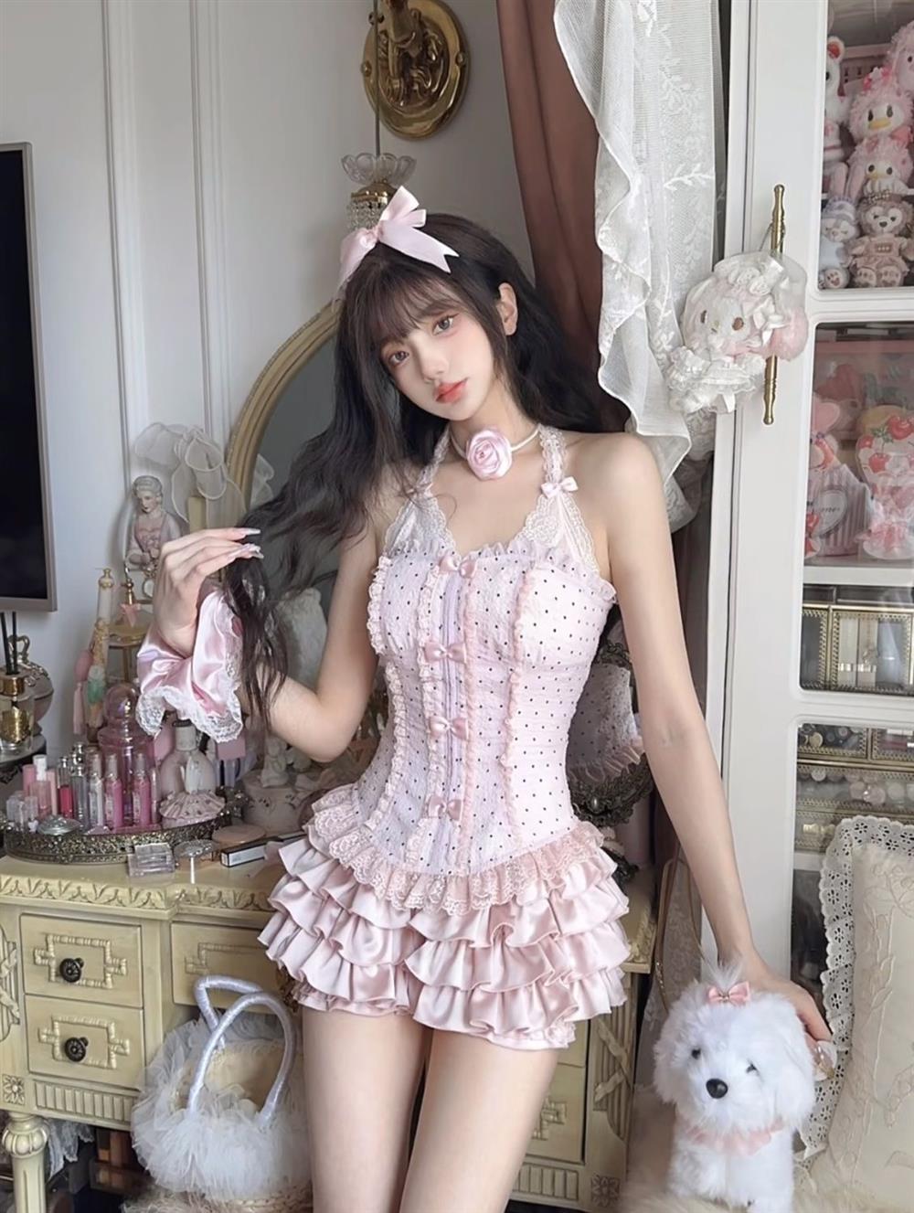 Bow Lace Halter Lace-up Top Multi-layer Puffy Skirt Outfit - Image 5