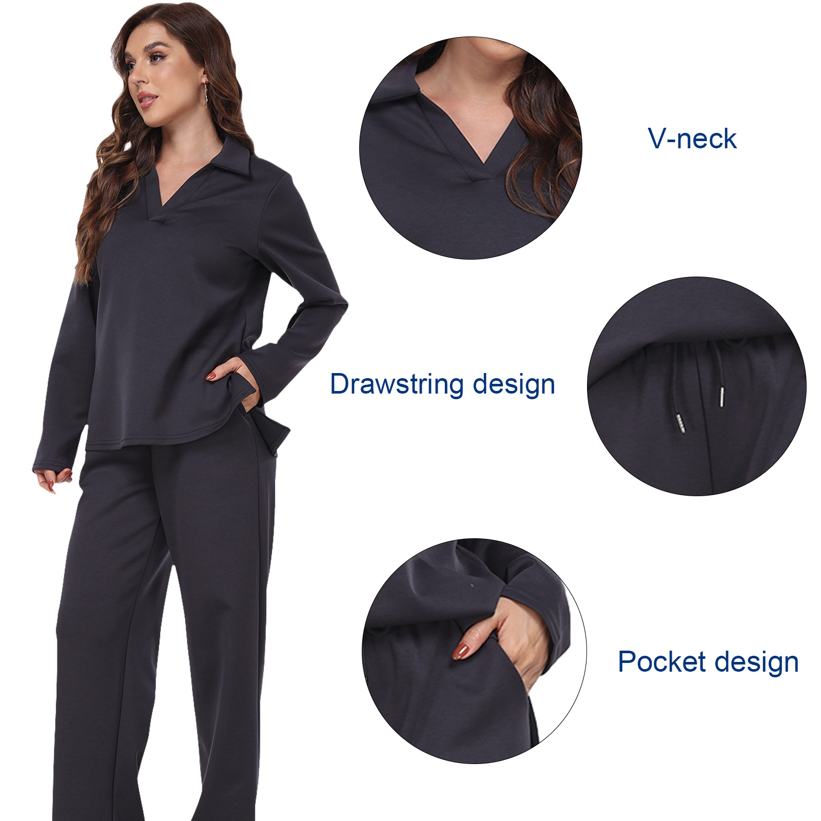 RONGTAI 2 Piece Outfits Sweatsuit For Women Casual Long Sleeve V Neck Pullover Tracksuit Solid Soft Comfy Tracksuits Set - Image 4