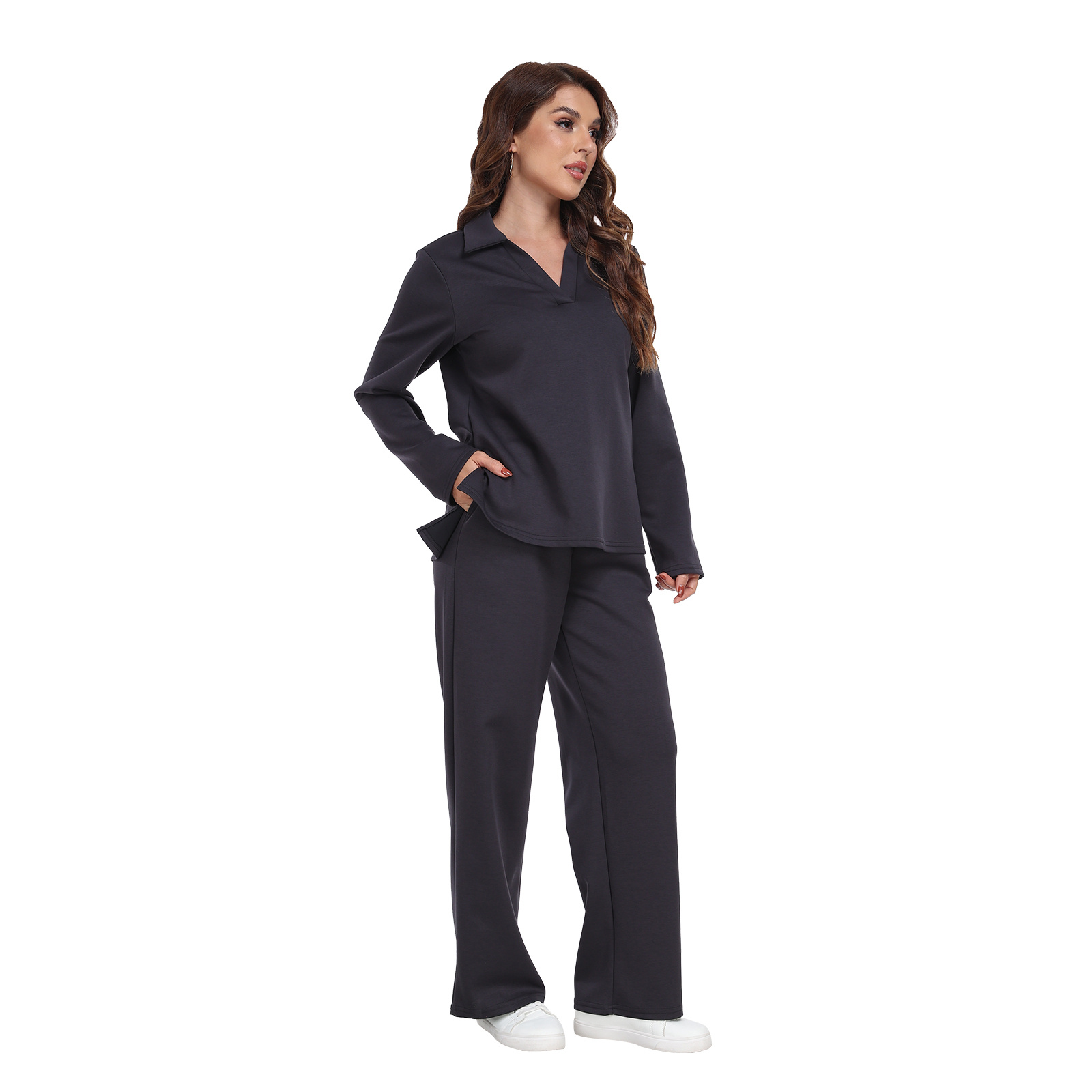 RONGTAI 2 Piece Outfits Sweatsuit For Women Casual Long Sleeve V Neck Pullover Tracksuit Solid Soft Comfy Tracksuits Set - Image 7