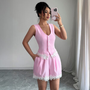 Elegant Temperament Button Vest Solid Color Shorts Set
