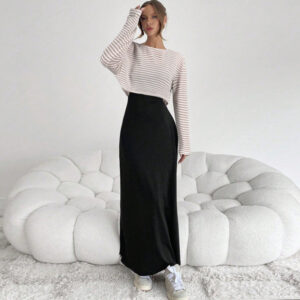 American Style Striped Long Sleeve T-shirt And Suspender Dress Set