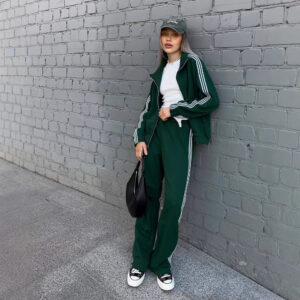 Women's Casual Hooded Jacket Loose Color-block Striped Pants Two-piece Set