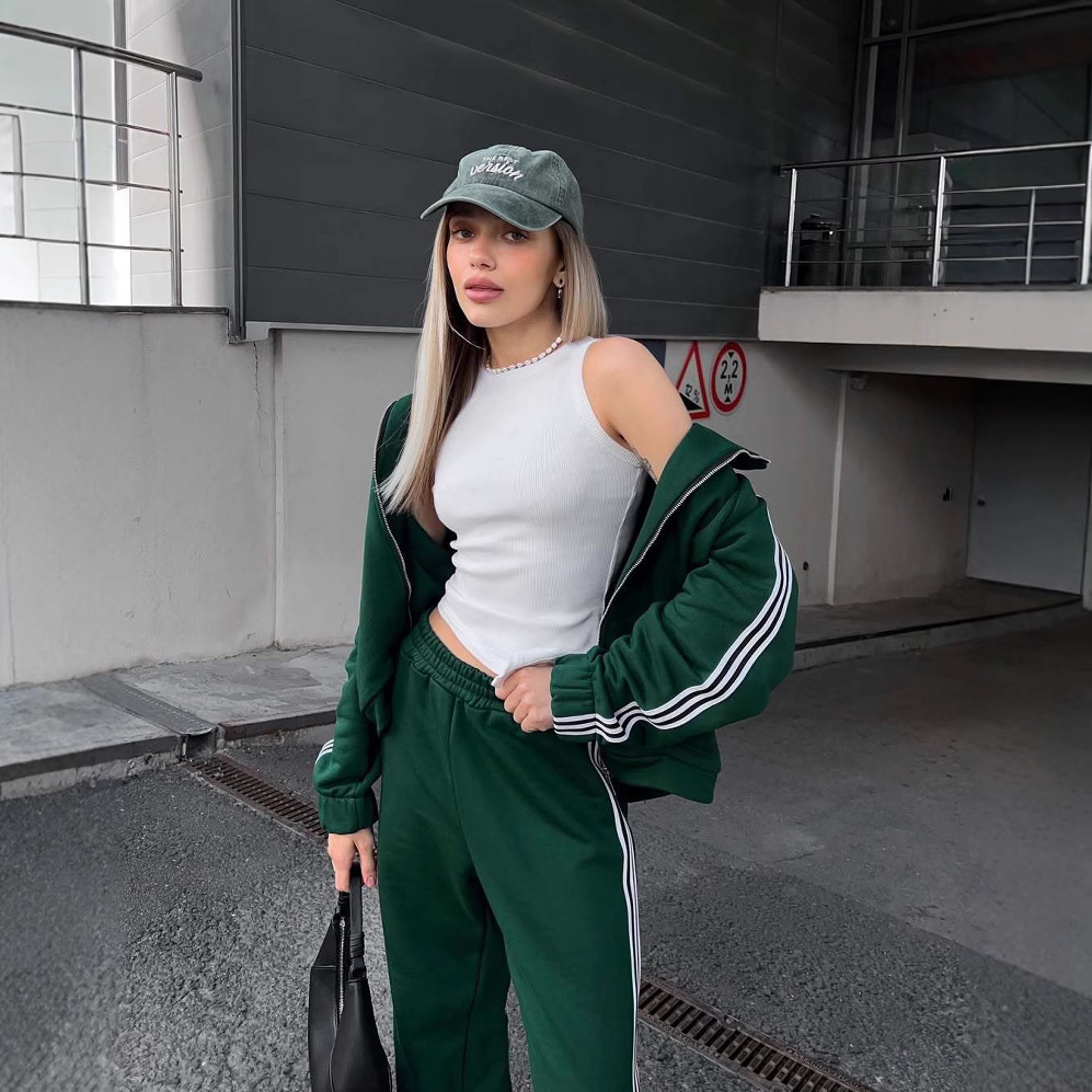 Women's Casual Hooded Jacket Loose Color-block Striped Pants Two-piece Set - Image 3