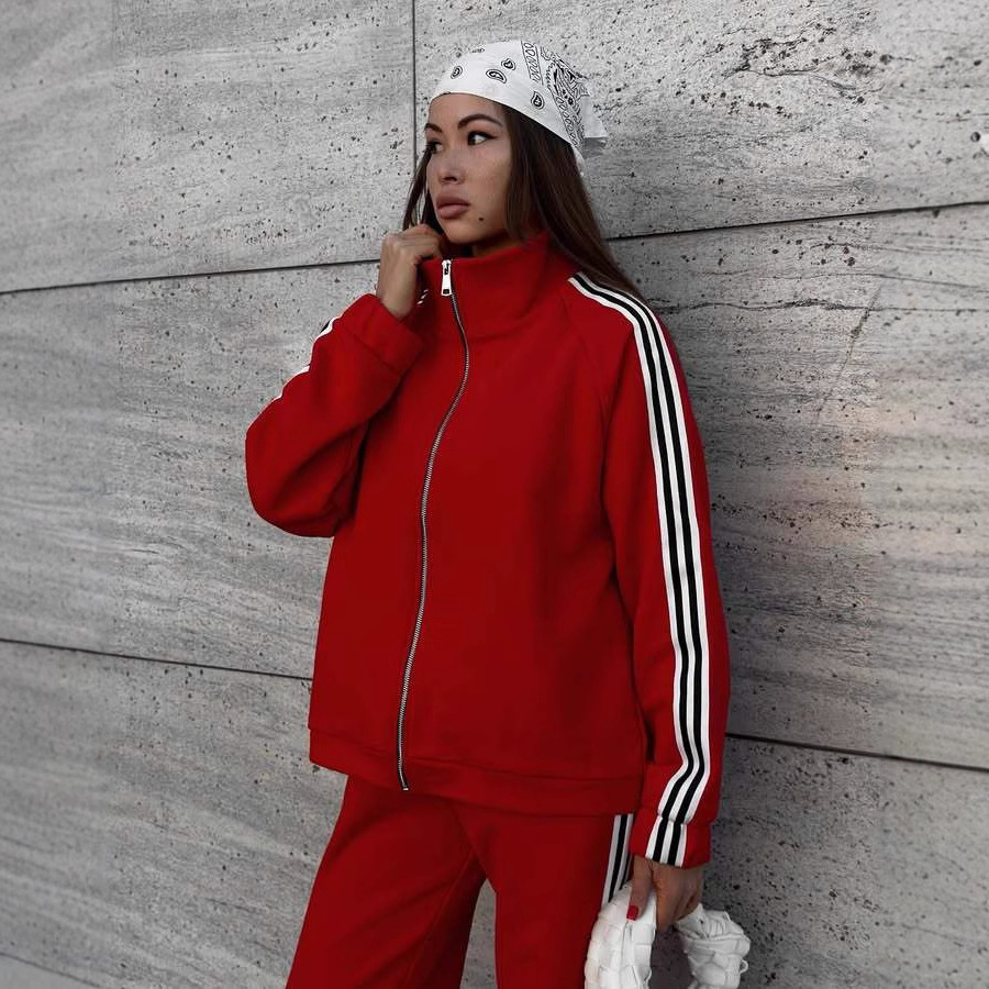 Women's Casual Hooded Jacket Loose Color-block Striped Pants Two-piece Set - Image 5