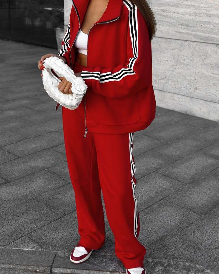 Women's Casual Hooded Jacket Loose Color-block Striped Pants Two-piece Set - Image 7