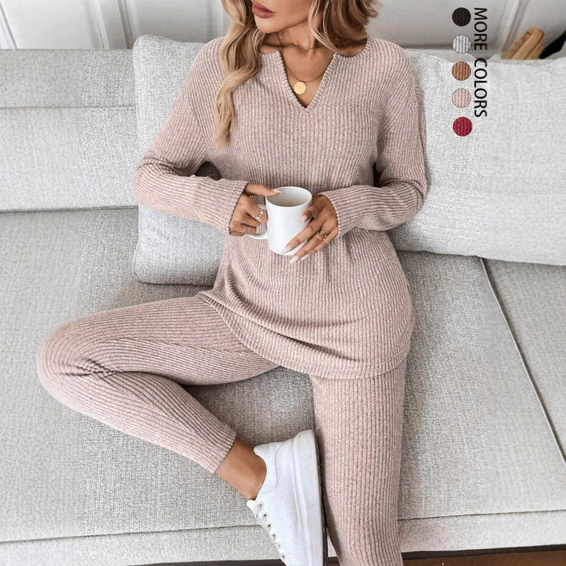 V-neck Design Simple And Stylish Casual Loungewear Set For Women - Image 3