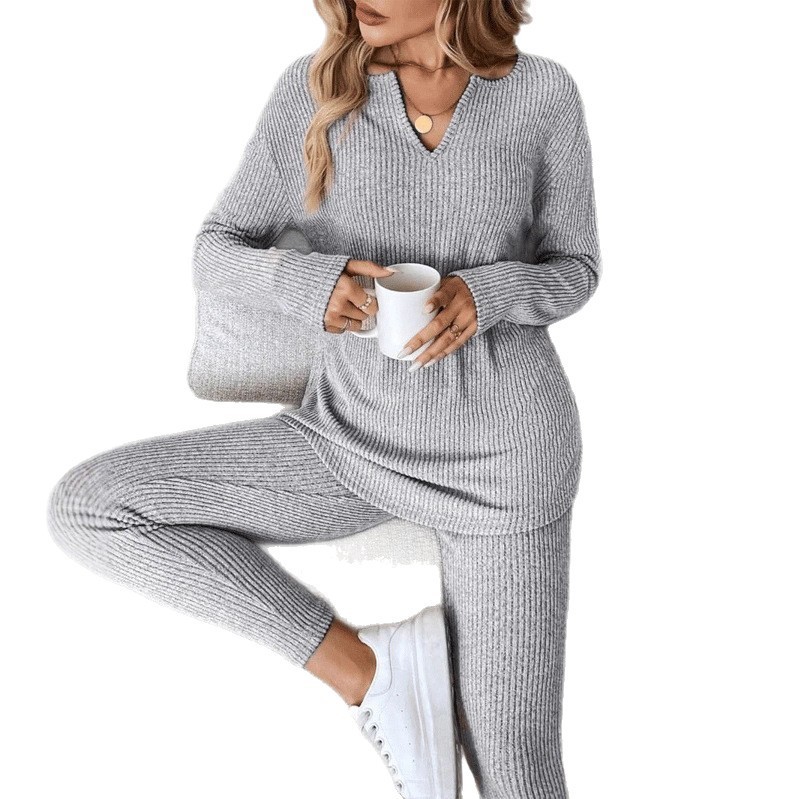 V-neck Design Simple And Stylish Casual Loungewear Set For Women - Image 5