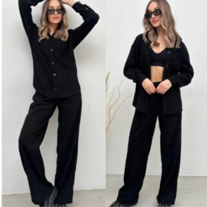 Casual Long-sleeve Top And Elastic-waist Pants Two-piece Set