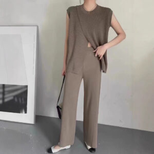 Sleeveless Crew-Neck Slim-Fit Striped Knit Top And Wide-Leg Pants Set