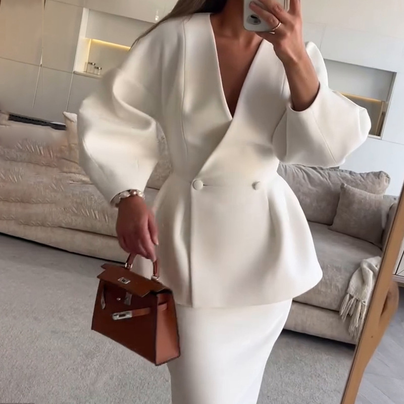 Women's Solid Color 2-Piece Set, Button Bubble Sleeve Jacket & Maxi Skirt, Office To Party Outfit - Image 3