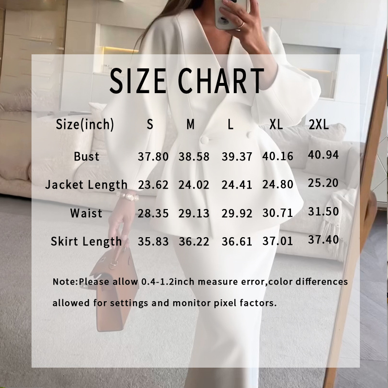 Women's Solid Color 2-Piece Set, Button Bubble Sleeve Jacket & Maxi Skirt, Office To Party Outfit - Image 5