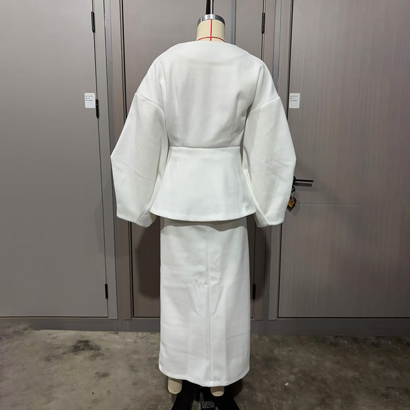 Women's Solid Color 2-Piece Set, Button Bubble Sleeve Jacket & Maxi Skirt, Office To Party Outfit - Image 6