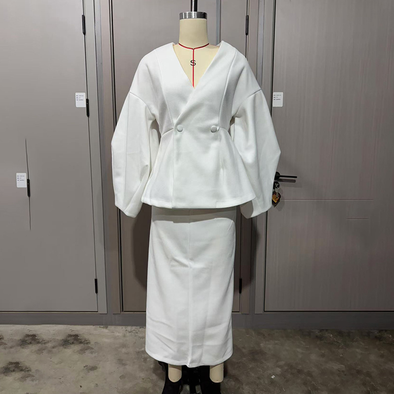 Women's Solid Color 2-Piece Set, Button Bubble Sleeve Jacket & Maxi Skirt, Office To Party Outfit - Image 7