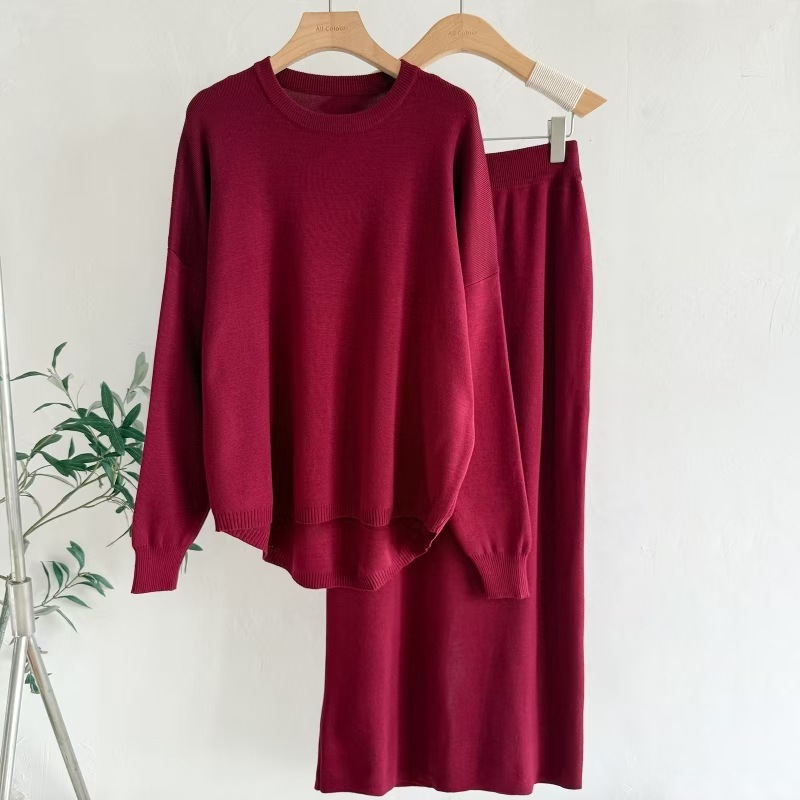 Women's Wear AutumnWinter Solid Color Simple Long-Sleeve Fashionable Casual Knitted Set - Image 3