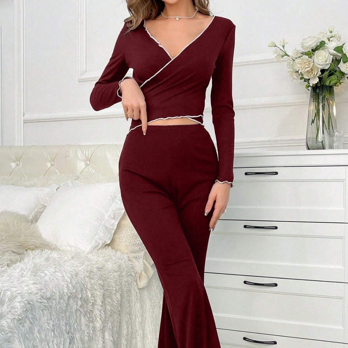 Women's Sexy V-neck Long-sleeve Pants With Straps Pajamas - Image 3