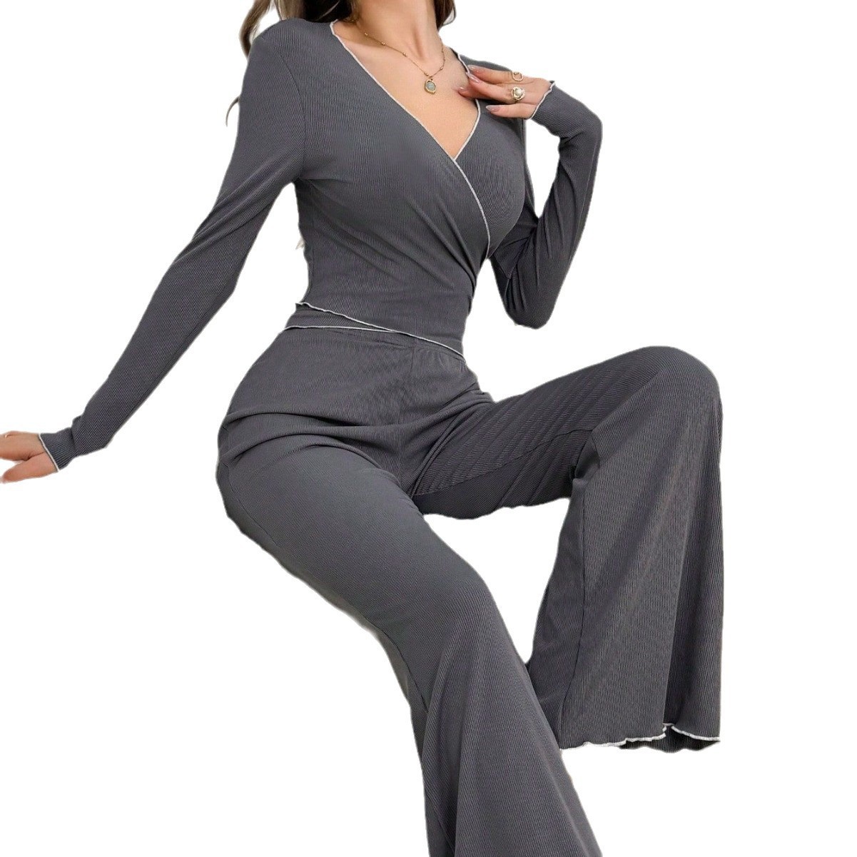 Women's Sexy V-neck Long-sleeve Pants With Straps Pajamas - Image 4