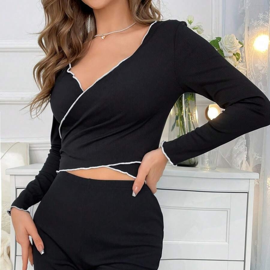 Women's Sexy V-neck Long-sleeve Pants With Straps Pajamas - Image 5