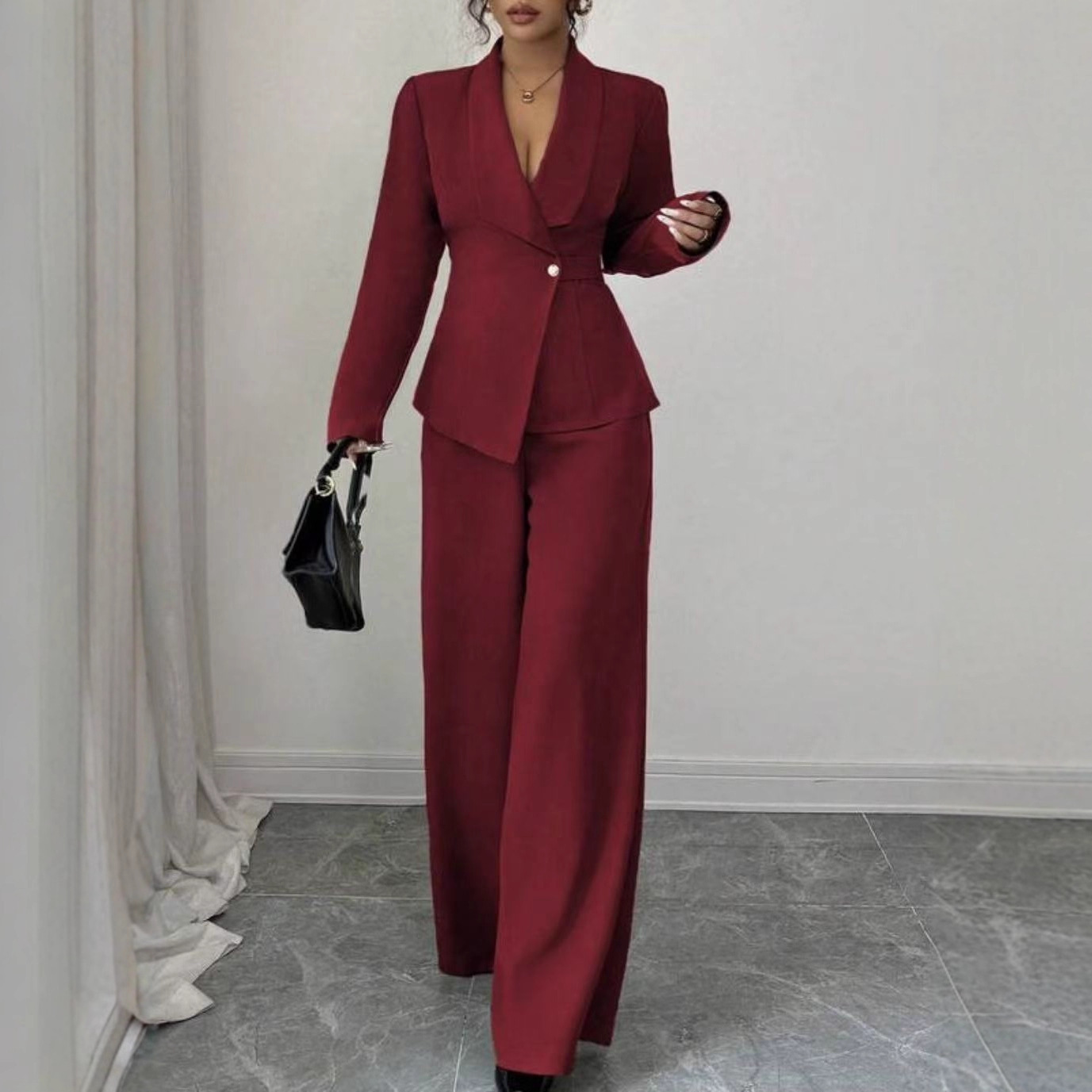 Solid-color Long-sleeve Straight-leg Pants Set For Women - Image 2