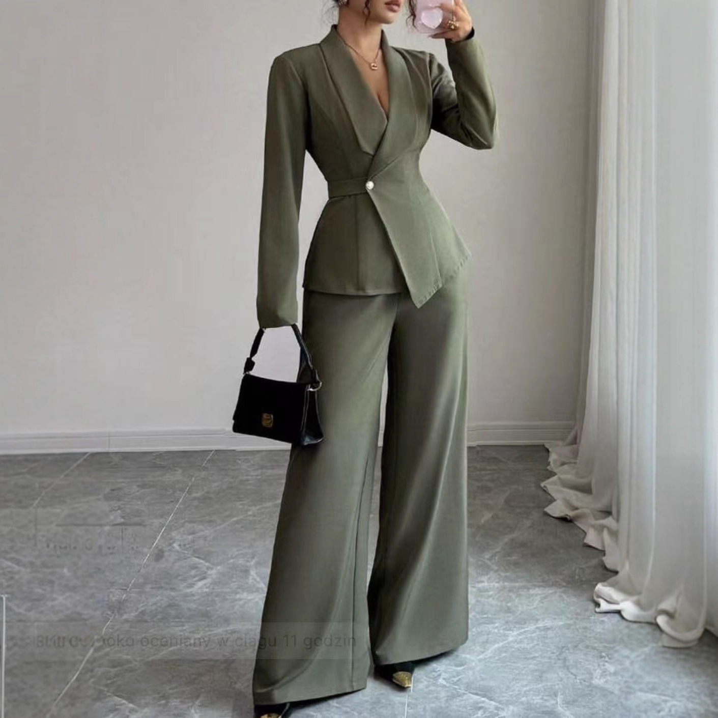 Solid-color Long-sleeve Straight-leg Pants Set For Women - Image 4