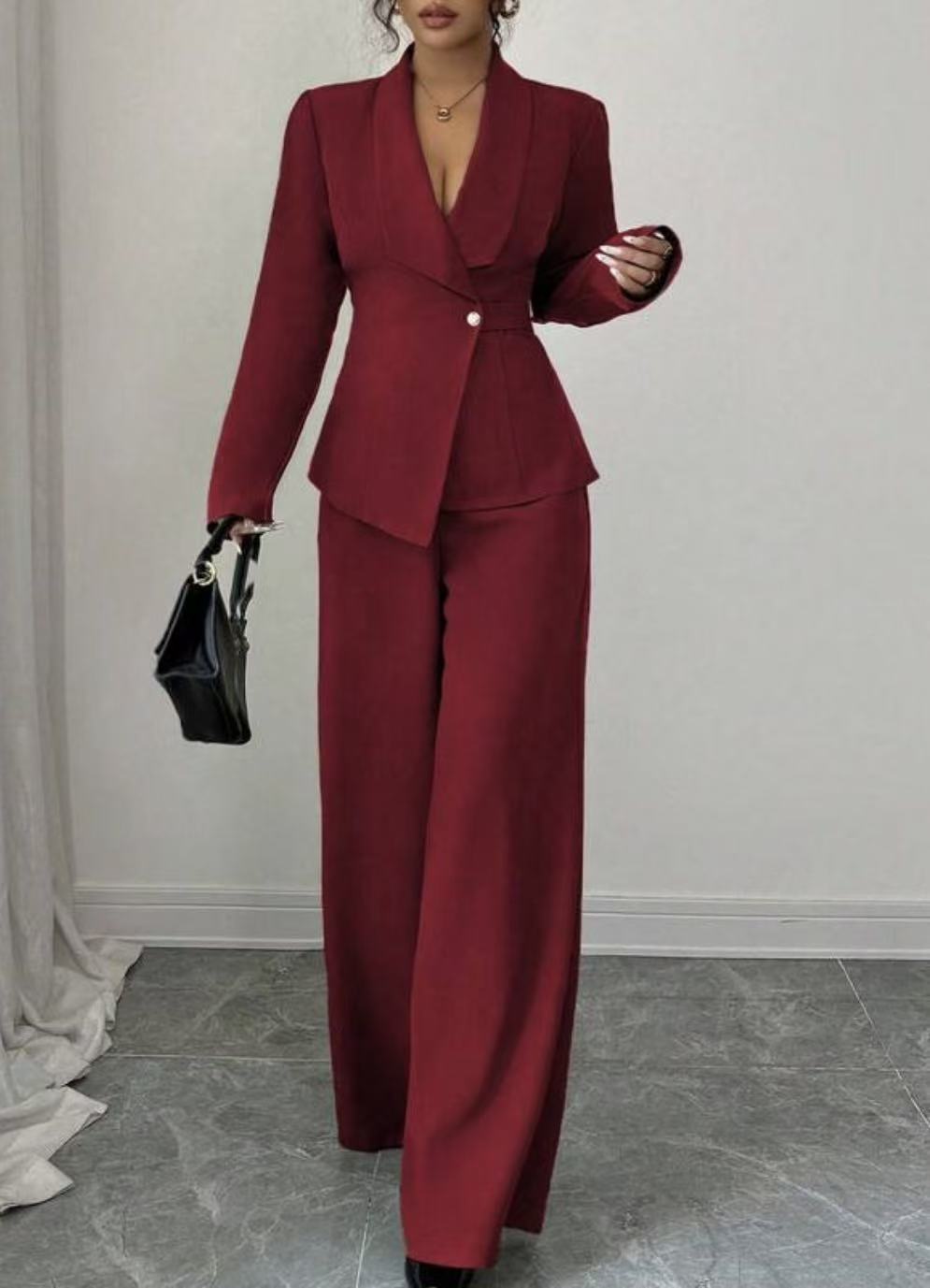 Solid-color Long-sleeve Straight-leg Pants Set For Women - Image 6