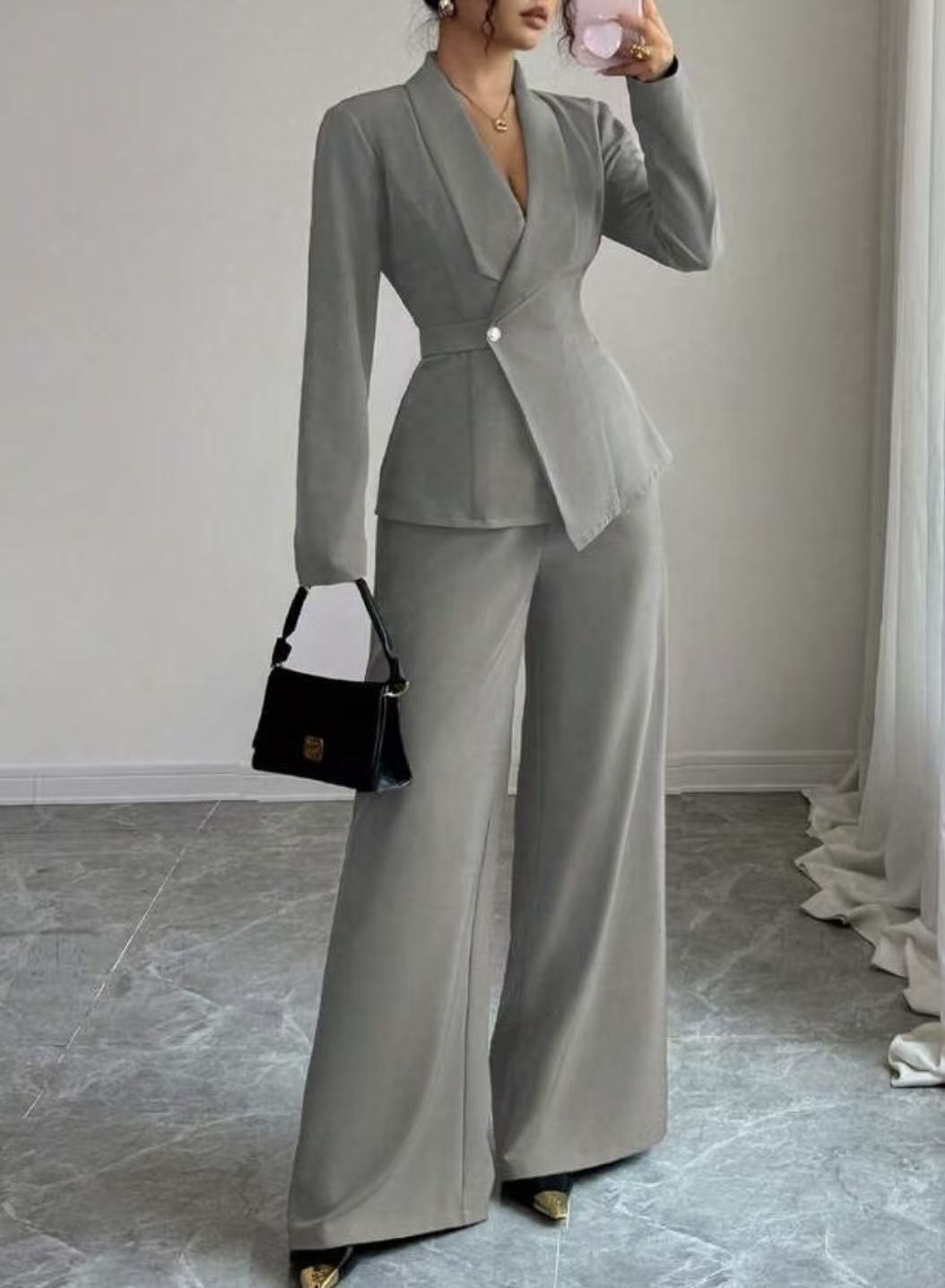 Solid-color Long-sleeve Straight-leg Pants Set For Women - Image 9