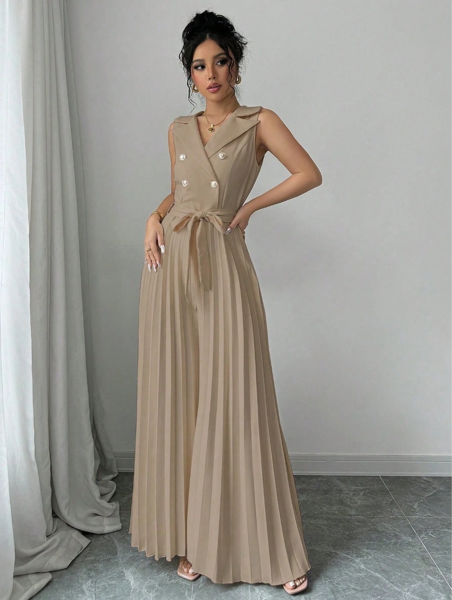 Suit Collar Bow Tie Belted Waist Pleated Jumpsuit - Image 3