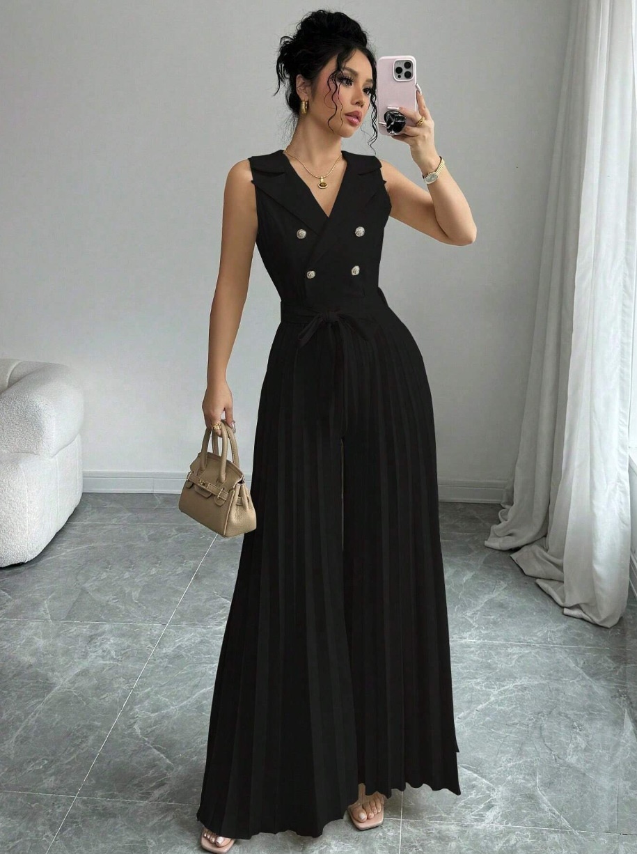 Suit Collar Bow Tie Belted Waist Pleated Jumpsuit - Image 4