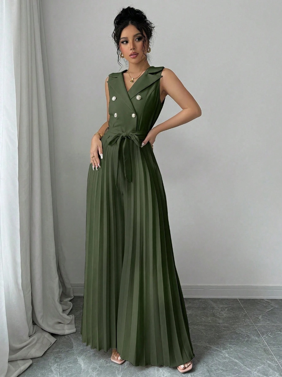 Suit Collar Bow Tie Belted Waist Pleated Jumpsuit - Image 5