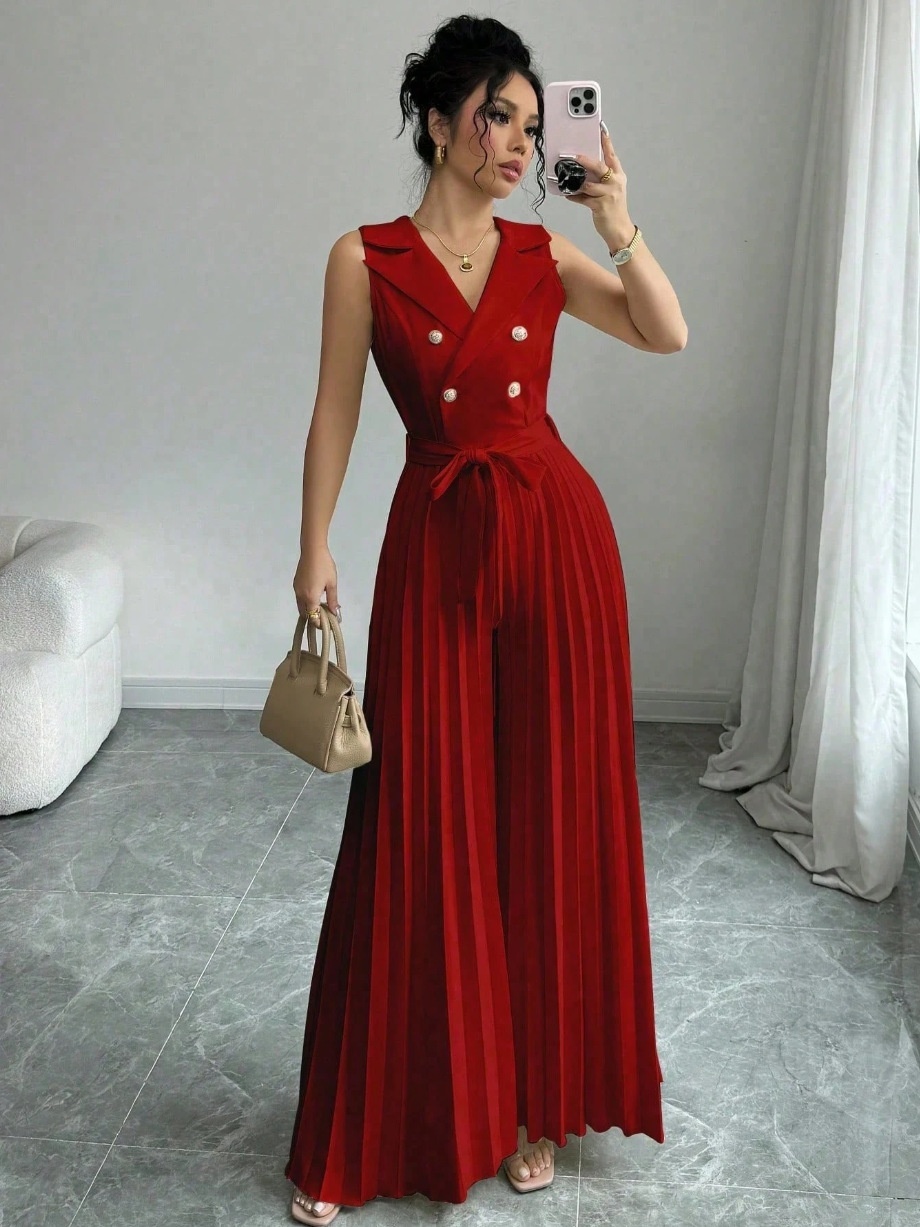 Suit Collar Bow Tie Belted Waist Pleated Jumpsuit - Image 6
