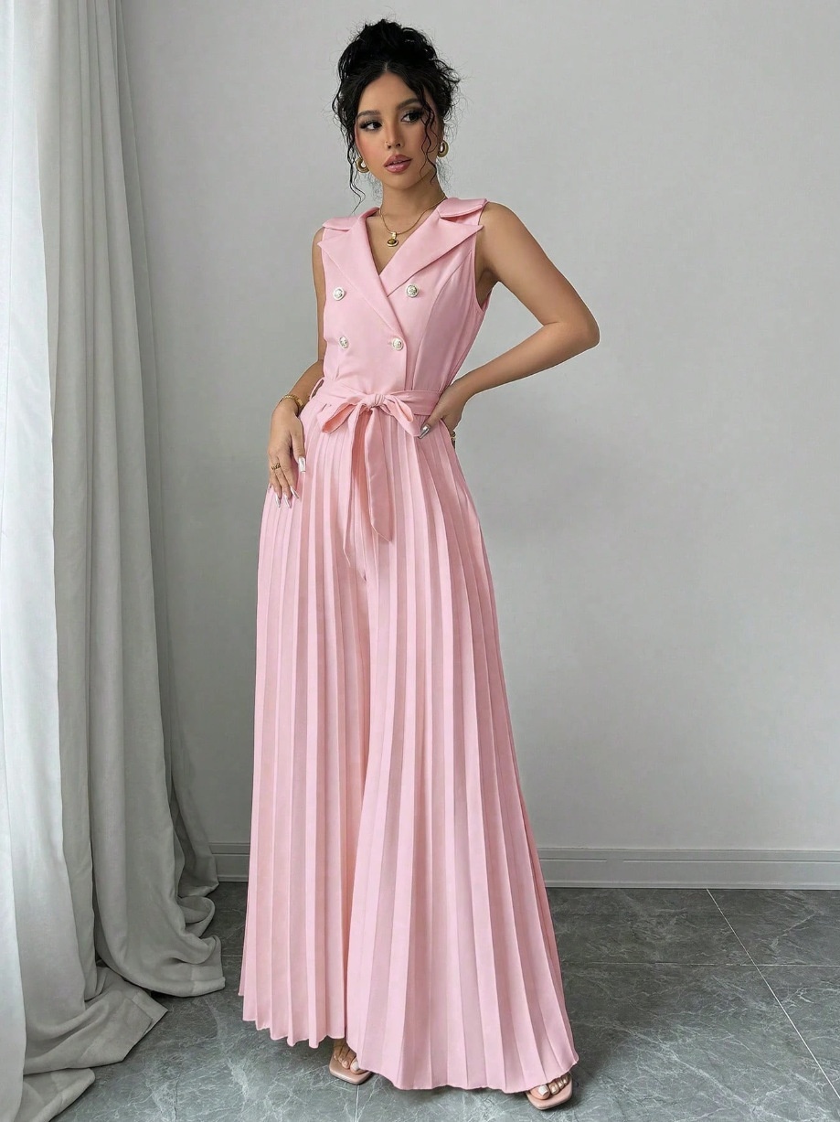 Suit Collar Bow Tie Belted Waist Pleated Jumpsuit - Image 7