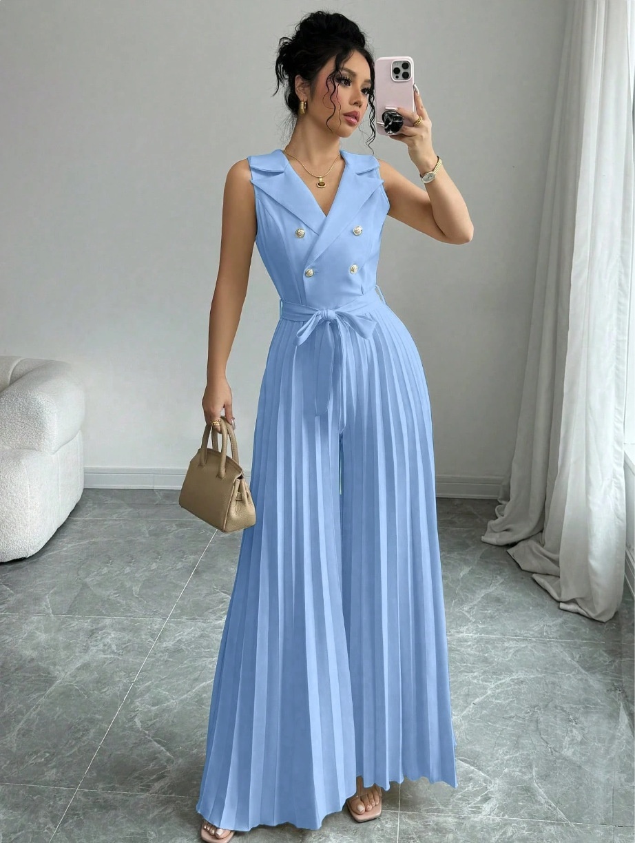 Suit Collar Bow Tie Belted Waist Pleated Jumpsuit - Image 8