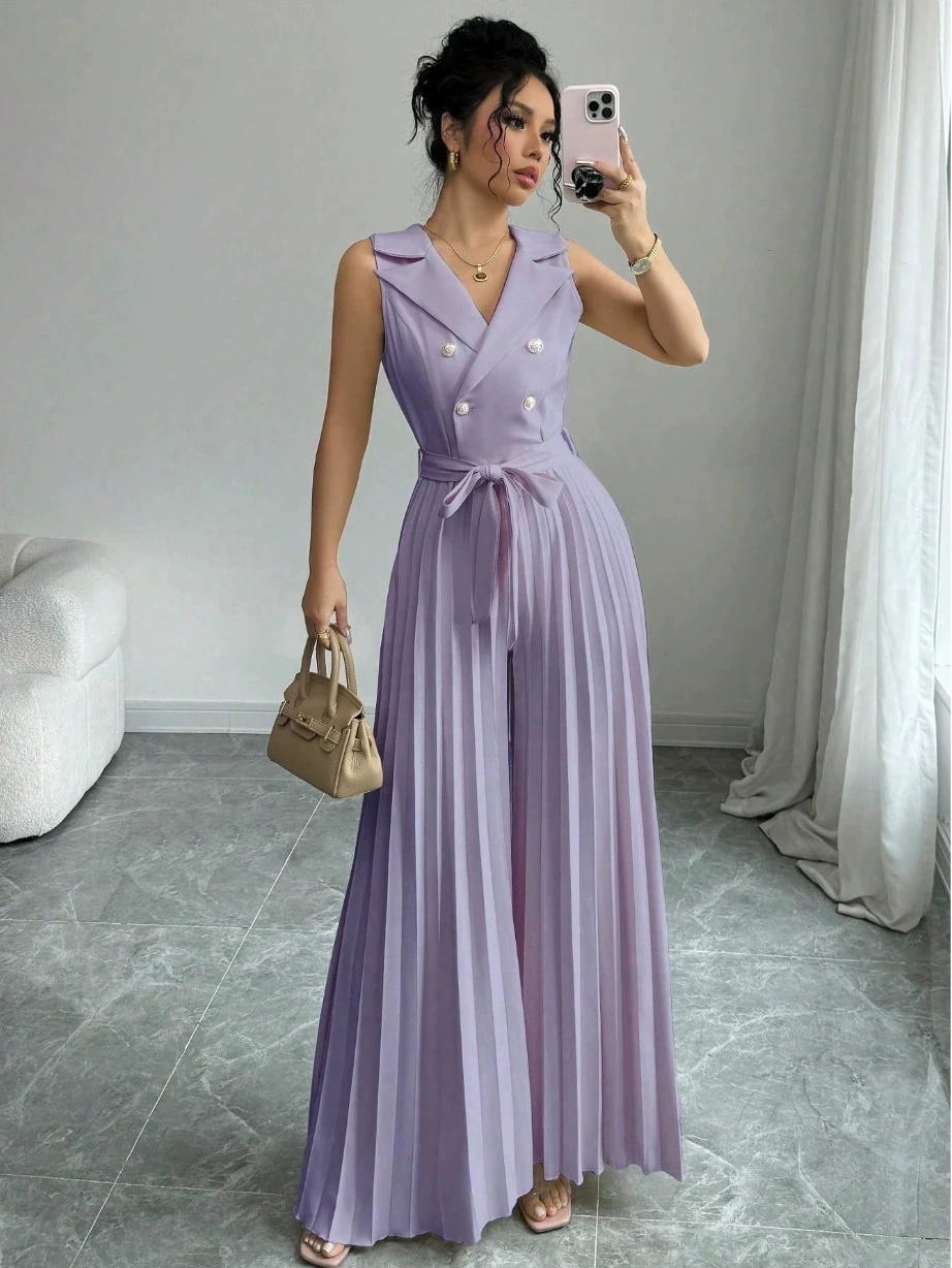 Suit Collar Bow Tie Belted Waist Pleated Jumpsuit - Image 10