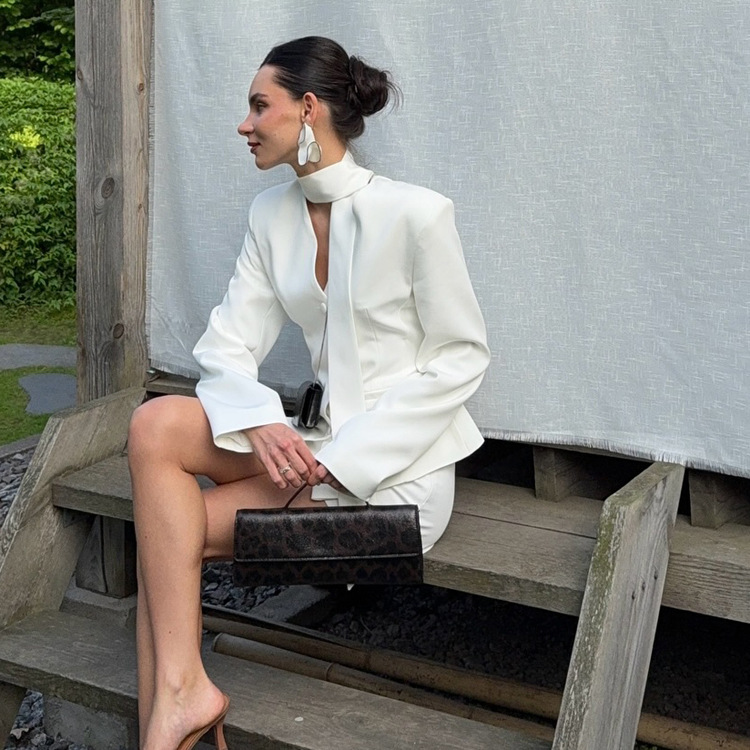 Turtleneck V-neck Long-sleeve Waist-cinching Suit Jacket And Sheath Skirt Two-piece Set - Image 4