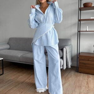 Patchwork Striped Lapel Long-sleeve Shirt Casual Wide-leg Pantsthree-piece Set