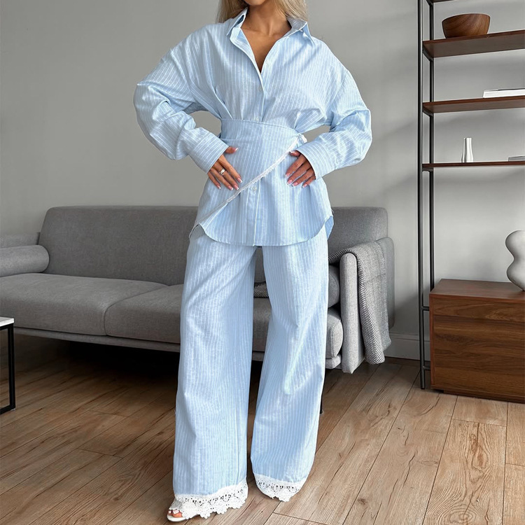 Patchwork Striped Lapel Long-sleeve Shirt Casual Wide-leg Pantsthree-piece Set - Image 2