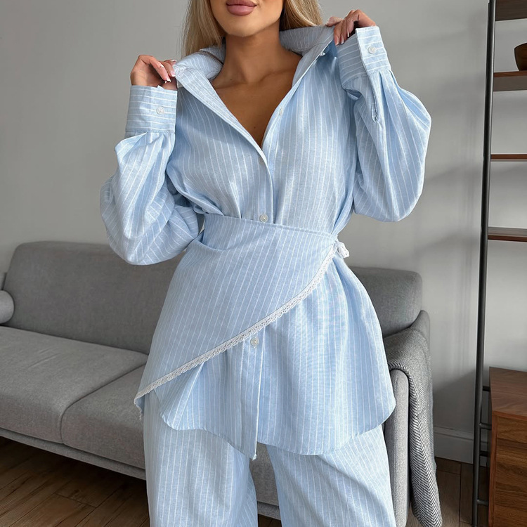 Patchwork Striped Lapel Long-sleeve Shirt Casual Wide-leg Pantsthree-piece Set - Image 3