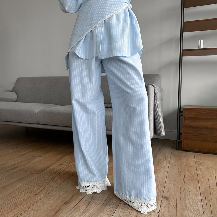 Patchwork Striped Lapel Long-sleeve Shirt Casual Wide-leg Pantsthree-piece Set - Image 4