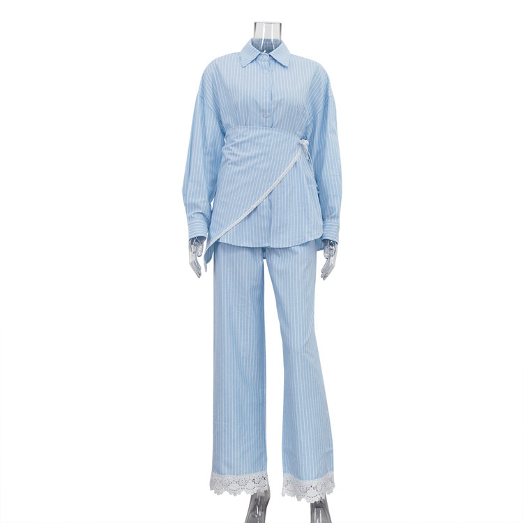 Patchwork Striped Lapel Long-sleeve Shirt Casual Wide-leg Pantsthree-piece Set - Image 5