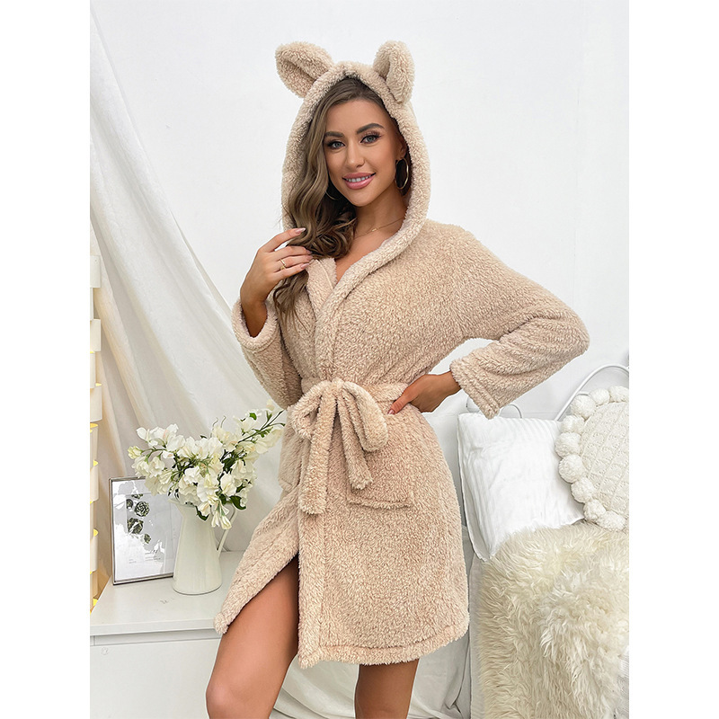Plush Loungewear Robe Thickened Bathrobe Hooded Sleepwear With Drawstring - Image 4