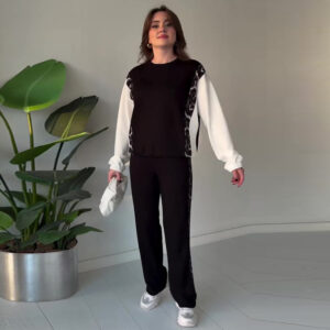 Women's Round-neck Contrast-color Long-sleeve Printed Casual Two-piece Set