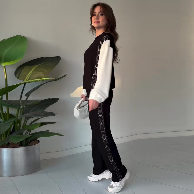 Women's Round-neck Contrast-color Long-sleeve Printed Casual Two-piece Set - Image 3