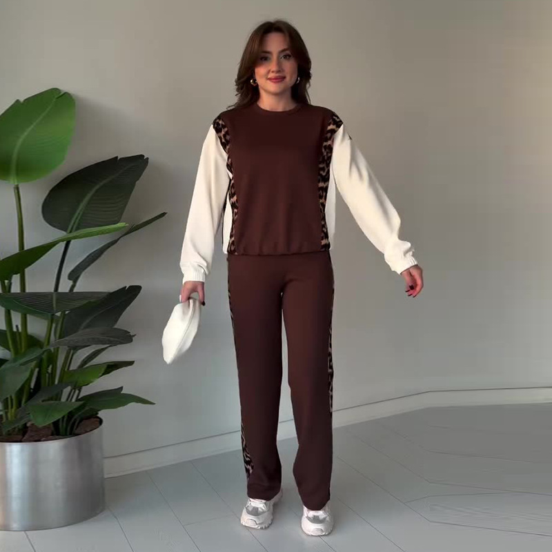 Women's Round-neck Contrast-color Long-sleeve Printed Casual Two-piece Set - Image 6