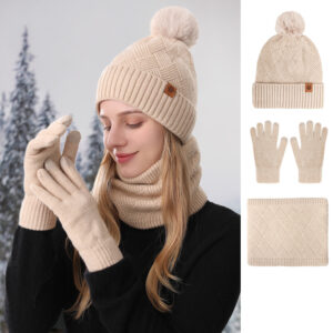 Ladies' Knitted Outdoor Warm Knitted Hat Scarf And Gloves Three-Piece Set
