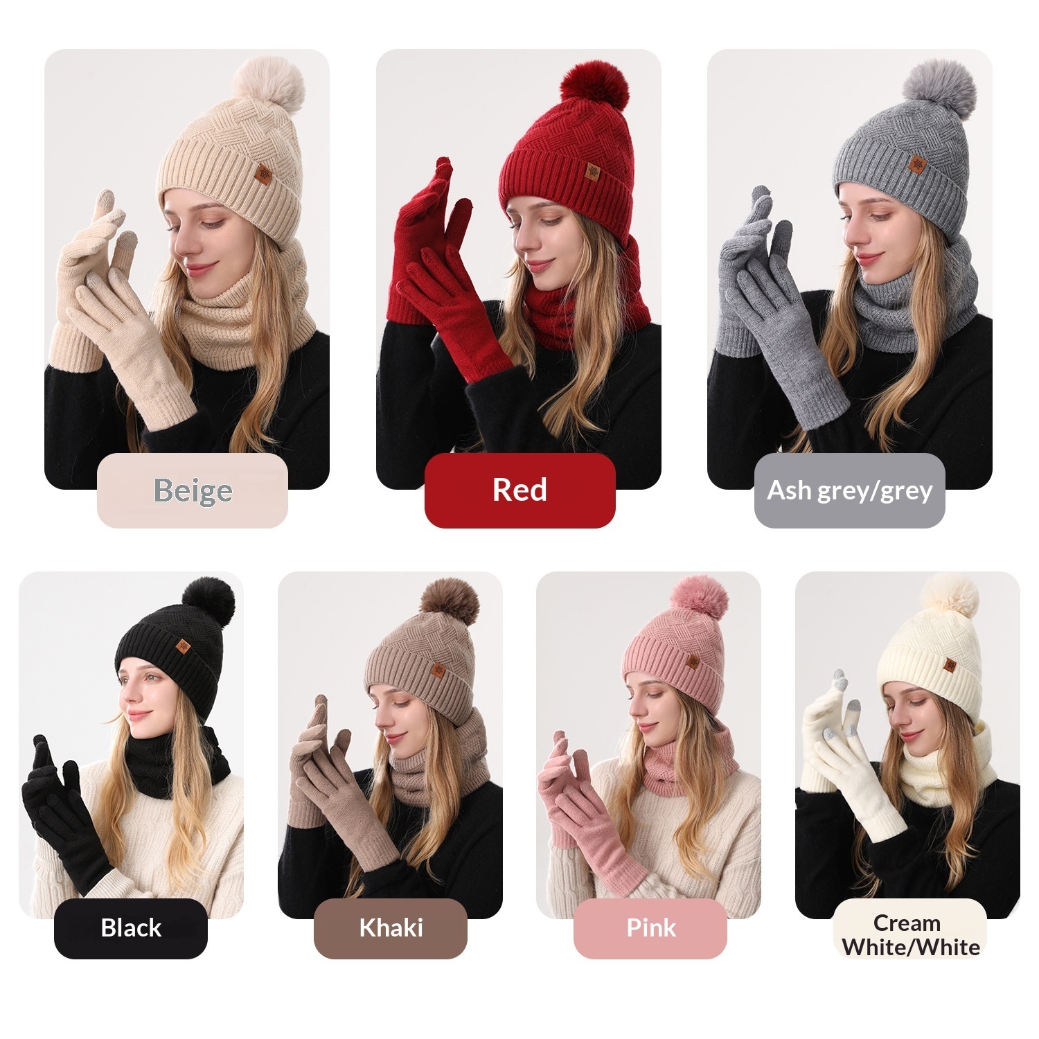 Ladies' Knitted Outdoor Warm Knitted Hat Scarf And Gloves Three-Piece Set - Image 4