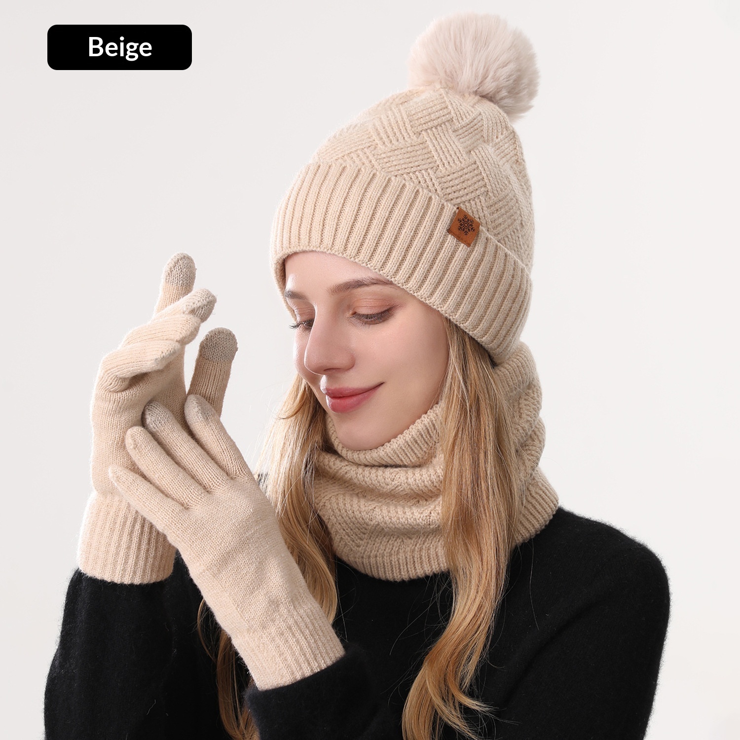 Ladies' Knitted Outdoor Warm Knitted Hat Scarf And Gloves Three-Piece Set - Image 6