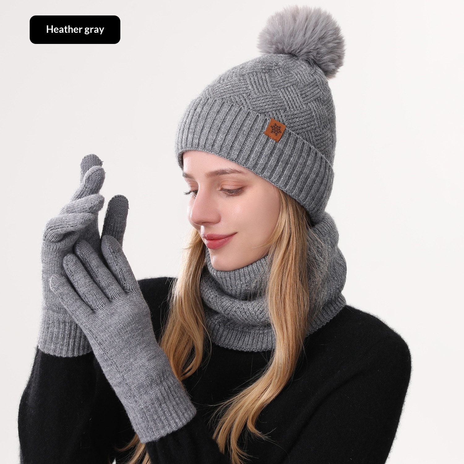 Ladies' Knitted Outdoor Warm Knitted Hat Scarf And Gloves Three-Piece Set - Image 7