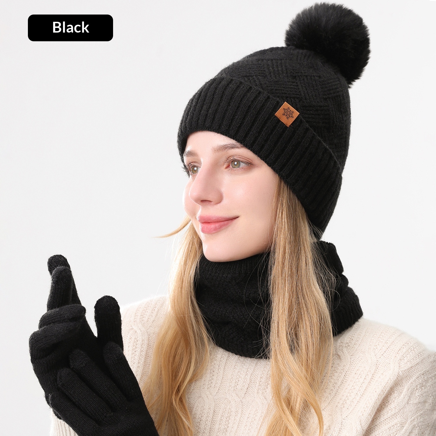 Ladies' Knitted Outdoor Warm Knitted Hat Scarf And Gloves Three-Piece Set - Image 8